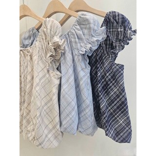 Áo bí cổ thuyền tay bồng họa tiết kẻ sọc Caro tay bèo nhún chun phồng hàng Quảng Châu.