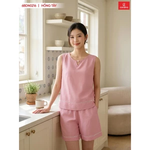 Đồ bộ nữ CARDINA chất liệu đũi bambo quần đùi áo sát nách cổ phối hạt mộc 6BDN02