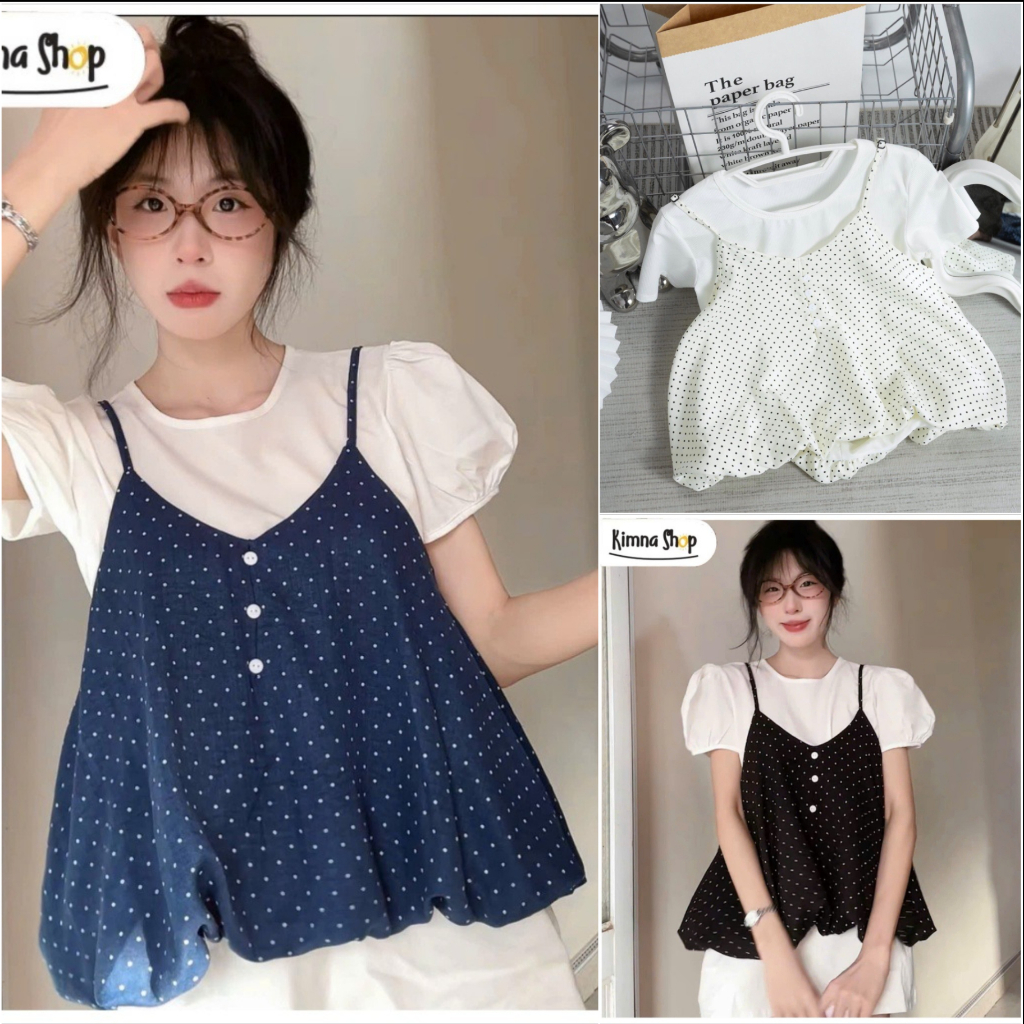 [ Có Bán Lẻ ] Sét Áo Yếm Nữ 2 Dây Dáng Bí Cúc Dọc Kèm Áo Thun Trơn Phong Cách Hàn Quốc Dễ Thương