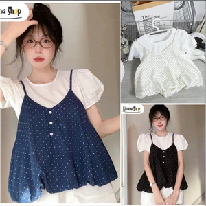 Sét Áo Yếm Nữ 2 Dây Dáng Bí Cúc Dọc Kèm Áo Thun Trơn Phong Cách Hàn Quốc Dễ Thương