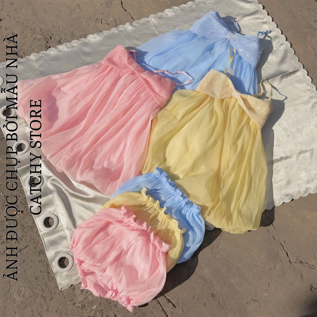 Đầm Voan Tơ Hai Dây Babydoll Dáng Bí Bồng Bềnh Phối Nơ Kim Sa Kèm Quần Bí Tiểu Thư Xinh Xắn CATCHYstore
