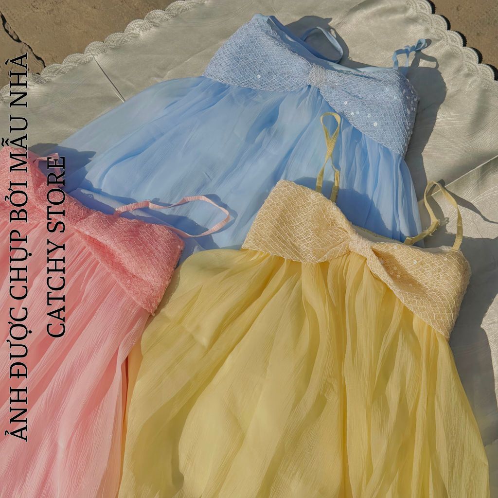 Đầm Voan Tơ Hai Dây Babydoll Dáng Bí Bồng Bềnh Phối Nơ Kim Sa Kèm Quần Bí Tiểu Thư Xinh Xắn CATCHYstore