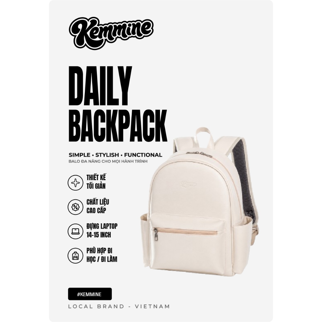 Balo Kemmine Creamy Backpack Da Kem Tối Giản Đựng Laptop 14 Inch vs 15 ...