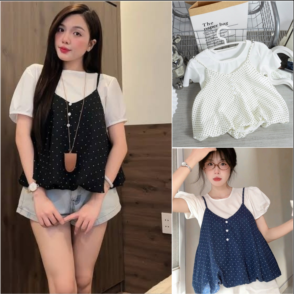 [ Có Tách Lẻ ] Sét Yếm Chấm Bi Dáng Bí Phối Cúc Kèm Áo Thu Trơn Tiểu Thư Basic Đáng Yêu