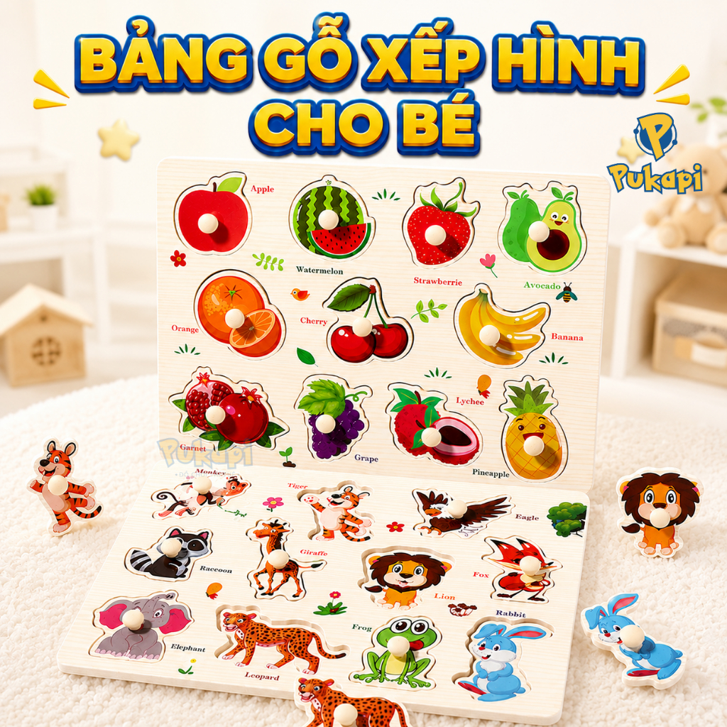Bảng Núm Gỗ Nhiều Chủ Đề Bảng Ghép Hình Núm Gỗ Động Vật Trái Cây Chữ Số Giáo Dục Sớm- Đồ Chơi Cho Bé PUKAPI