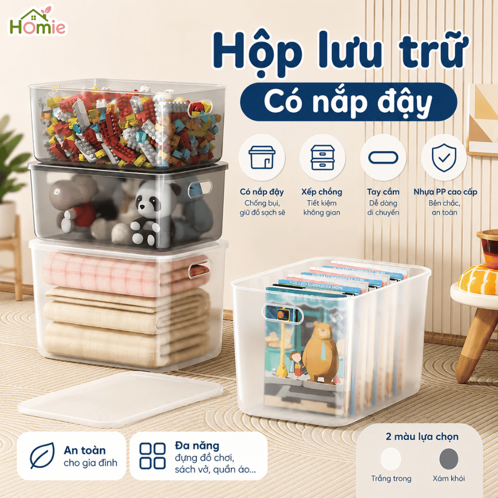 Thùng Nhựa Để Đồ Đa Năng Cỡ Lớn 15L/20L/30L HOMIE, Hộp Nhựa Trong Suốt Có Nắp Đậy Chống Bụi