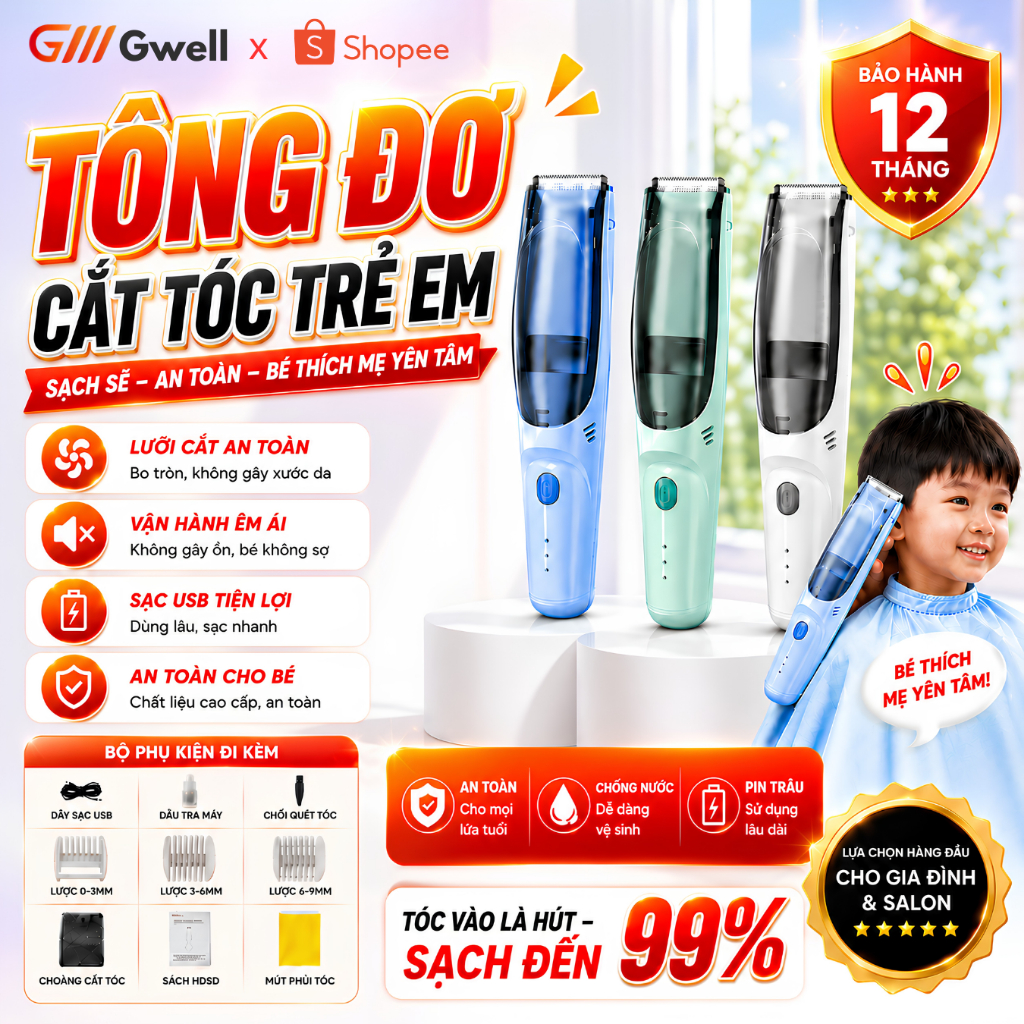 Tông Đơ Cắt Tóc, Máy Hớt Tóc Cho Bé Tự Động Hút Tóc Rơi Hoạt Động Êm Ái An Toàn Kèm 9 Phụ Kiện