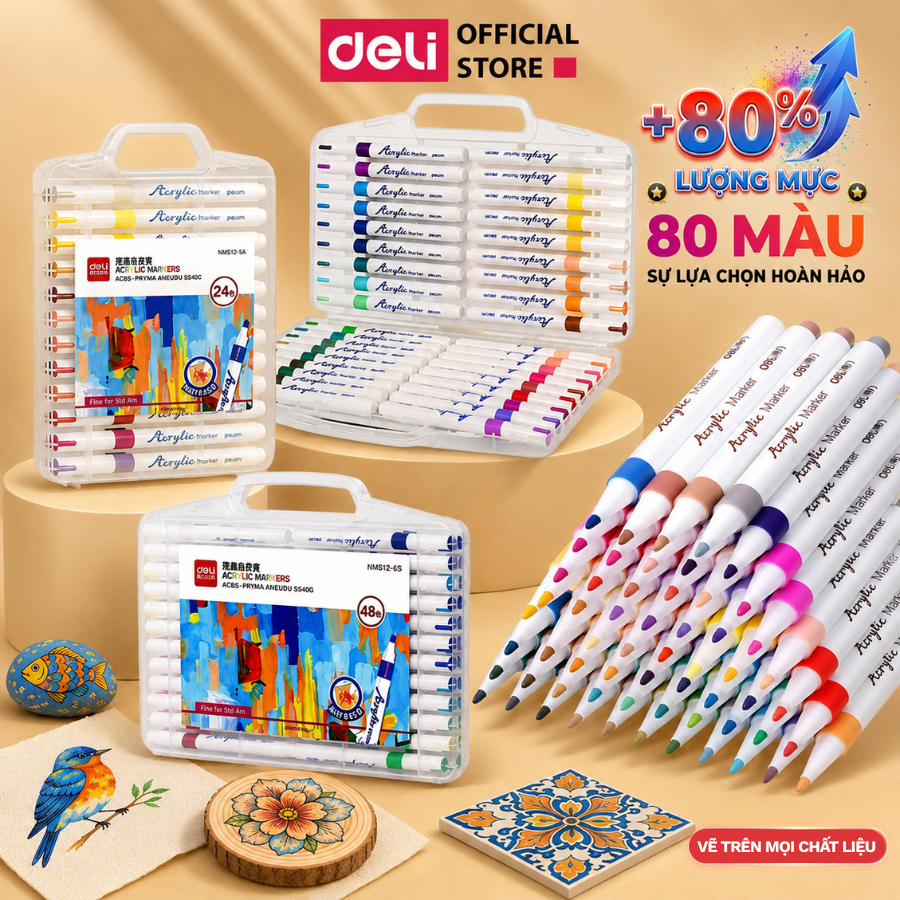 [CHÍNH HÃNG] Bút lông màu Acrylic Markers Deli EC191 hộp 12/24/36/64 Box Màu Acrylic Marker cho Bé Học Sinh Mỹ thuật