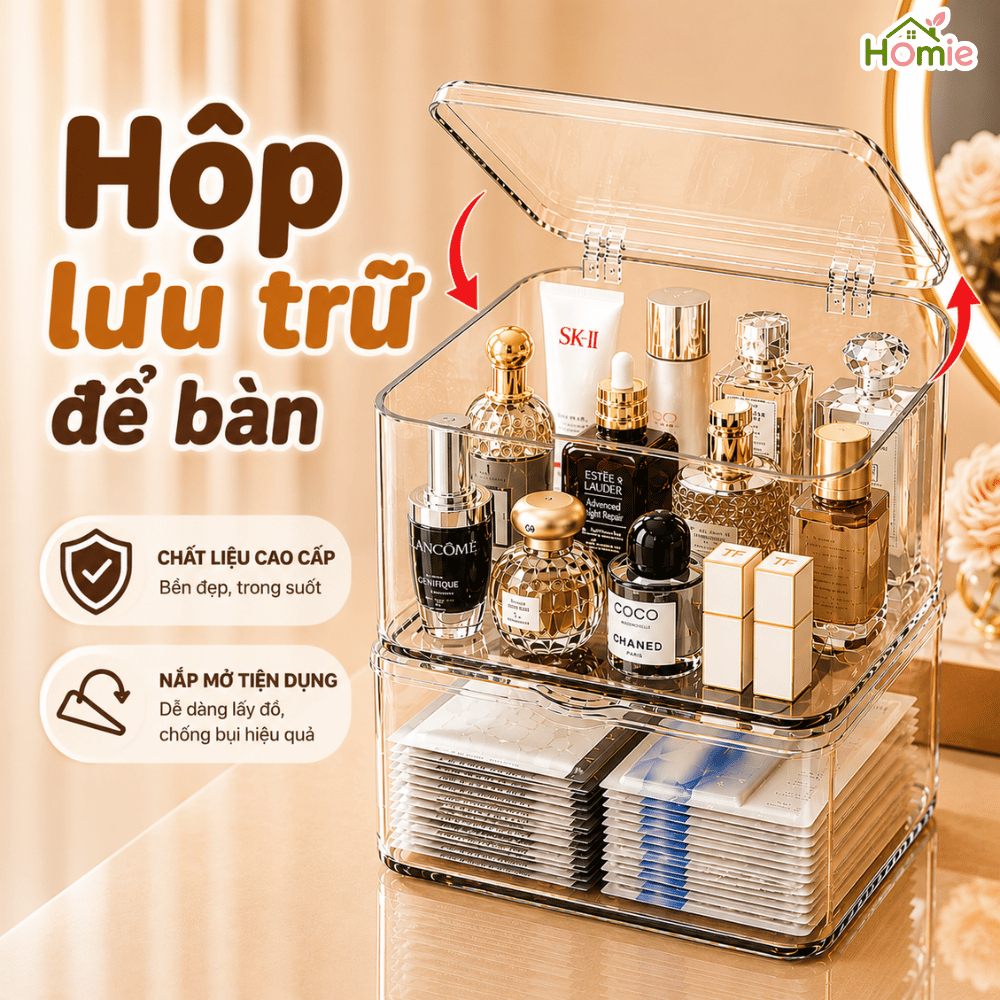 Hộp Lưu Trữ Để Bàn Trong Suốt Acrylic Có Nắp Đậy Chống Bụi HOMIE, Giá Đựng Đồ Đa Năng Tiện Lợi
