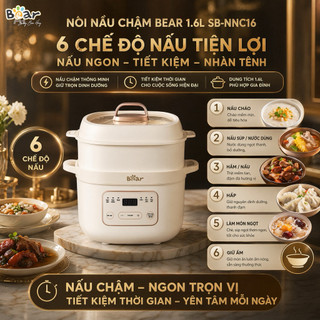 Nồi Nấu Chậm Bear SB-NNC16 - 1,6L, Tích Hợp 6 Chế Độ Nấu Ăn (Nấu Cháo, Canh/ Súp, Ninh/ Hầm, Hấp, Nấu Chè Và Giữ Ấm)