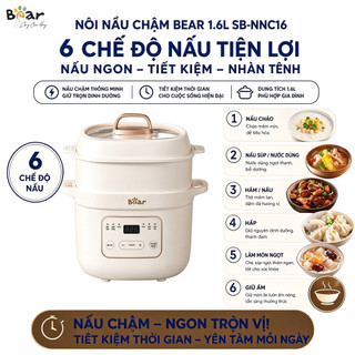 Nồi Nấu Chậm Bear SB-NNC16 - 1,6L, Tích Hợp 6 Chế Độ Nấu Ăn (Nấu Cháo, Canh/ Súp, Ninh/ Hầm, Hấp, Nấu Chè Và Giữ Ấm)