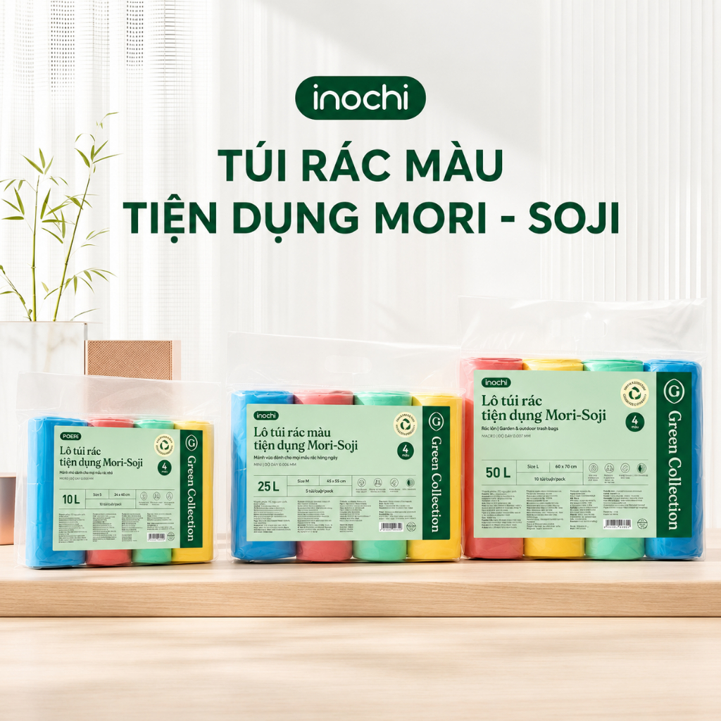 Lô túi rác tiện dụng Inochi (4 cuộn) - Túi rác đen/màu tự hủy, an toàn , có quai xách tiện lợi