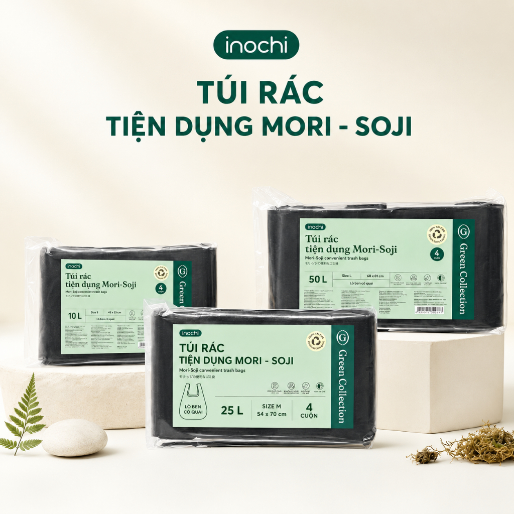 Túi rác tự huỷ sinh học Inochi có quai tiện dụng dạng cuộn nhiều màu, mùi hương dài và dai hơn 20%