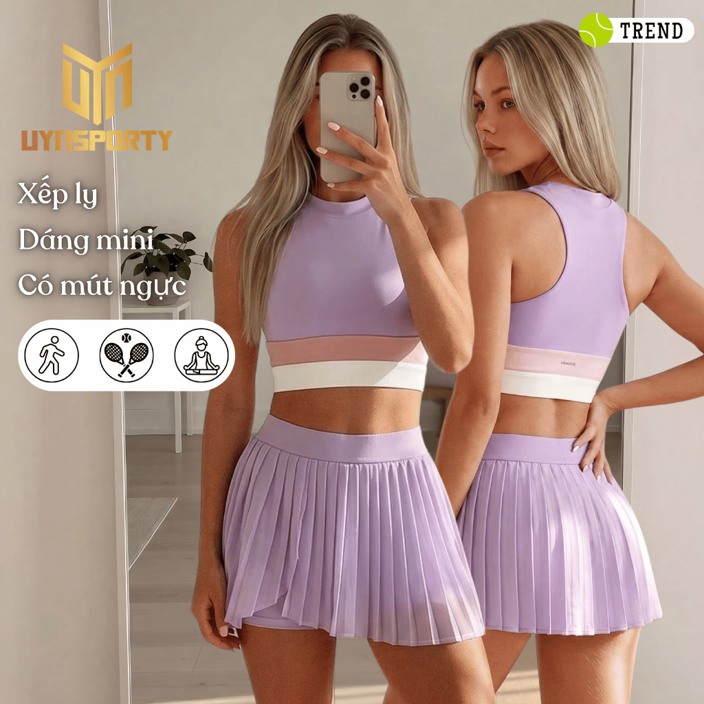 Đồ Tập Pickleball Nữ UYNSPORTY Áo Tank Top Croptop Phối Màu Chân Váy Xếp Ly, Bộ Đồ Pickleball Nữ