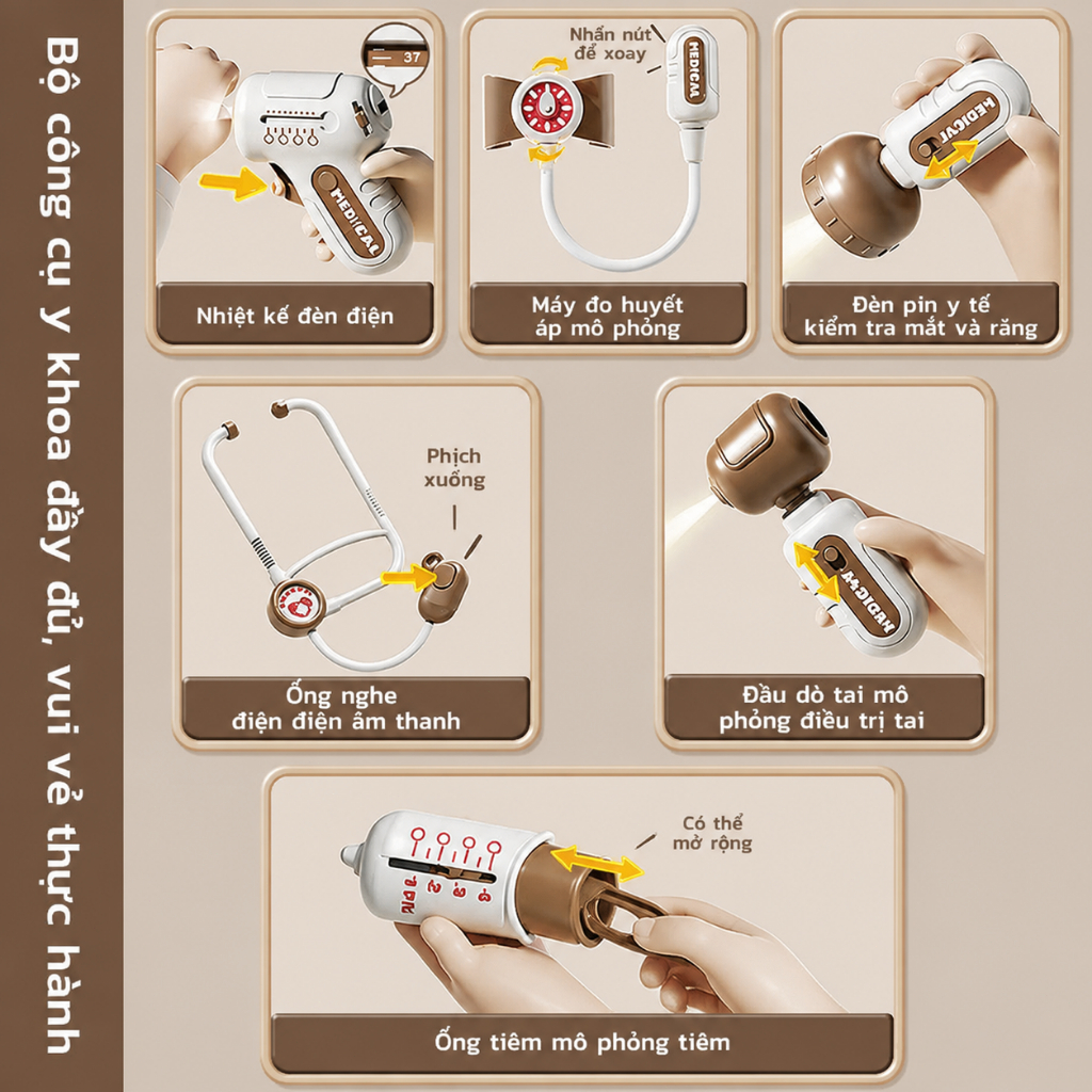 💓 Xe đẩy y tế giả lập có thẻ CT | Bàn bác sĩ có âm thanh ánh sáng, đồ chơi tương tác phát triển trí tuệ cho bé