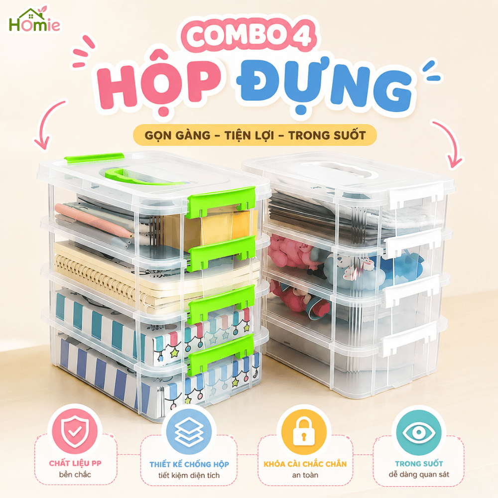 Combo 4 Hộp Nhựa Trong Suốt Có Nắp Đậy HOMIE Để Đồ Chơi, Đồ Dùng Cá Nhân Kèm Quai Xách Tiện Lợi