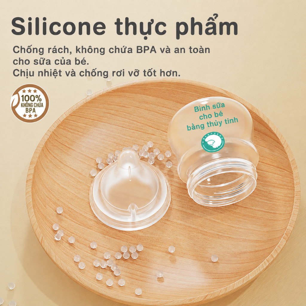 Preferred GB01 Bình Sữa Cho Bé Sơ Sinh 90ml Thủy Tinh Chống Đầy Hơi BPA Free Núm Ty Silicone Mềm Cổ Rộng