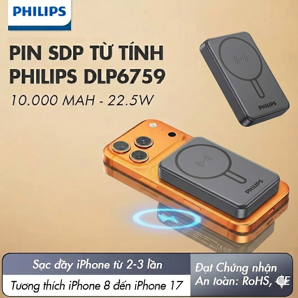 [Chứng Nhận CCC] Pin Sạc Dự Phòng Từ Tính Philips DLP6759 10.000mAh 22.5W, có 3C, mang lên máy bay