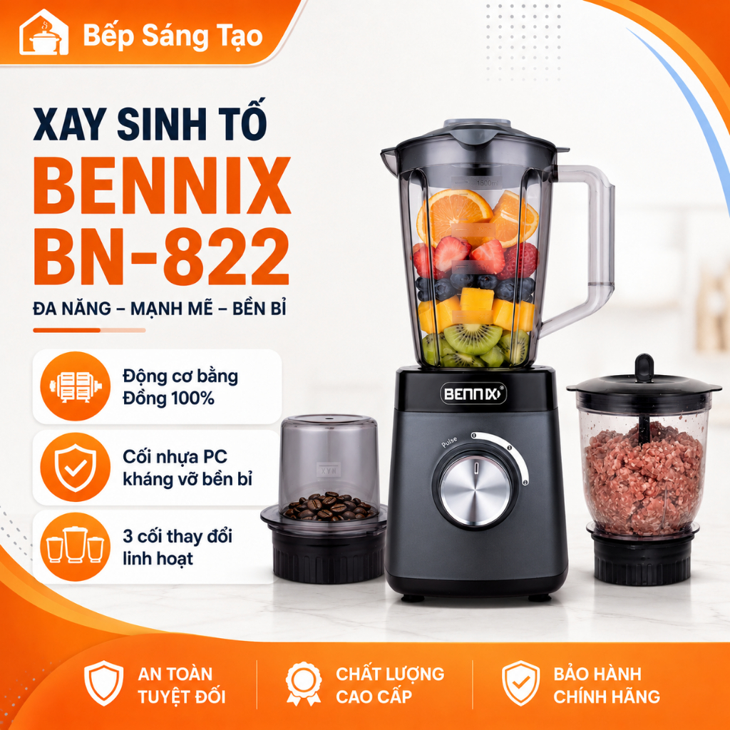 Máy xay sinh tố đa năng Bennix, BN-822, nhỏ gọn, 3 cối nhựa kháng vỡ có xay thịt, xay khô