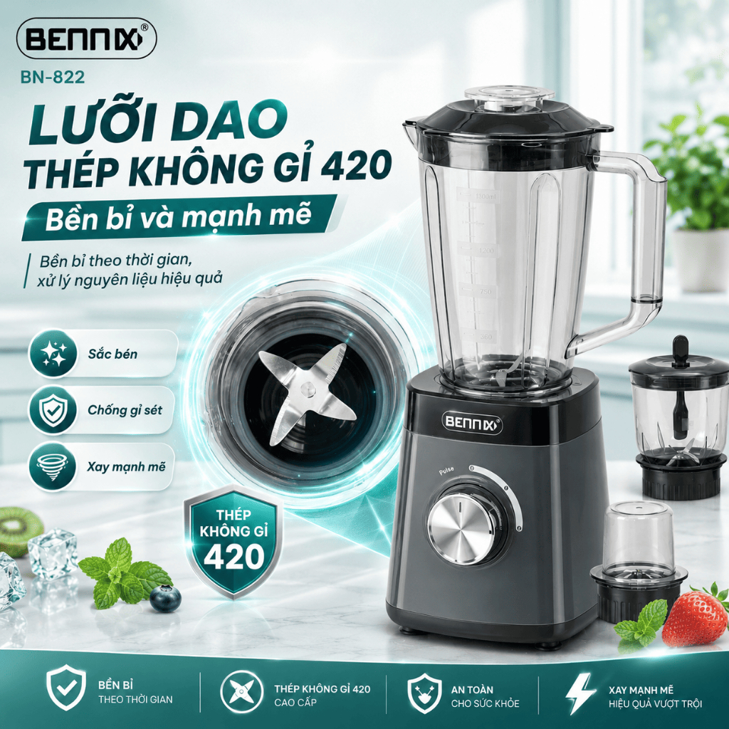 Máy xay sinh tố đa năng Bennix, BN-822, nhỏ gọn, 3 cối nhựa kháng vỡ có xay thịt, xay khô
