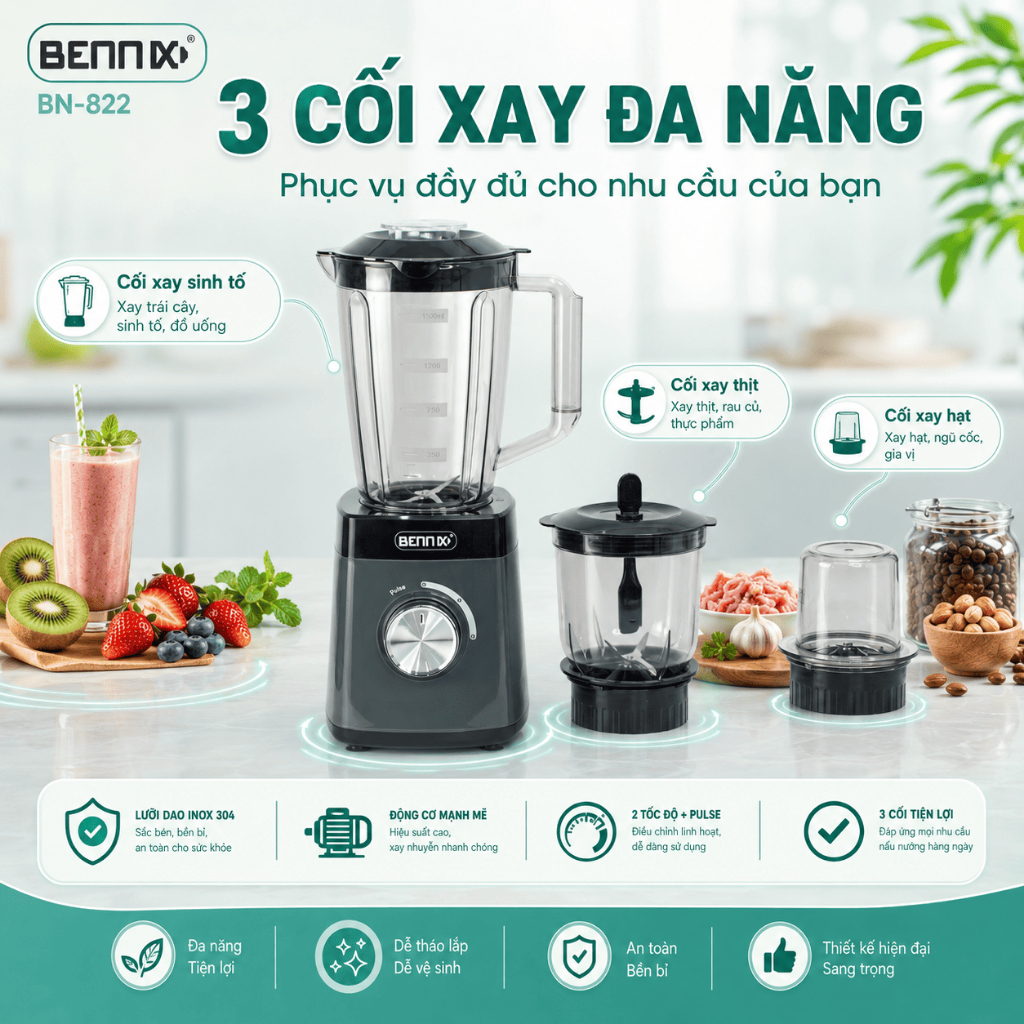 Máy xay sinh tố đa năng Bennix, BN-822, nhỏ gọn, 3 cối nhựa kháng vỡ có xay thịt, xay khô