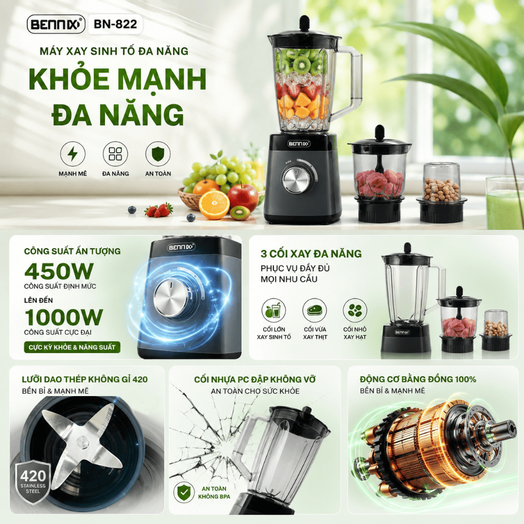 Máy xay sinh tố đa năng Bennix, BN-822, nhỏ gọn, 3 cối nhựa kháng vỡ có xay thịt, xay khô