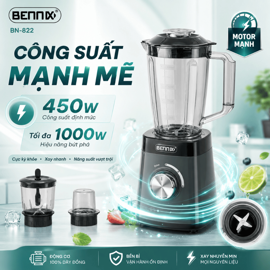 Máy xay sinh tố đa năng Bennix, BN-822, nhỏ gọn, 3 cối nhựa kháng vỡ có xay thịt, xay khô