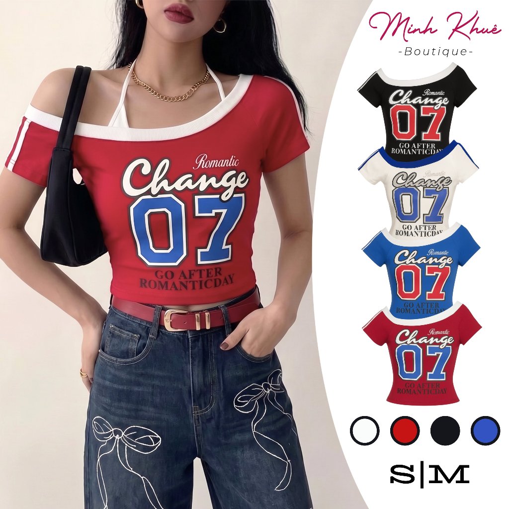 [Mở Bán] Áo Croptop Lệch Vai Change 07 Chất Thun Borip Kiểu Dáng Trễ Vai In Hình Cá Tính CR133 Minh Khuê Boutique