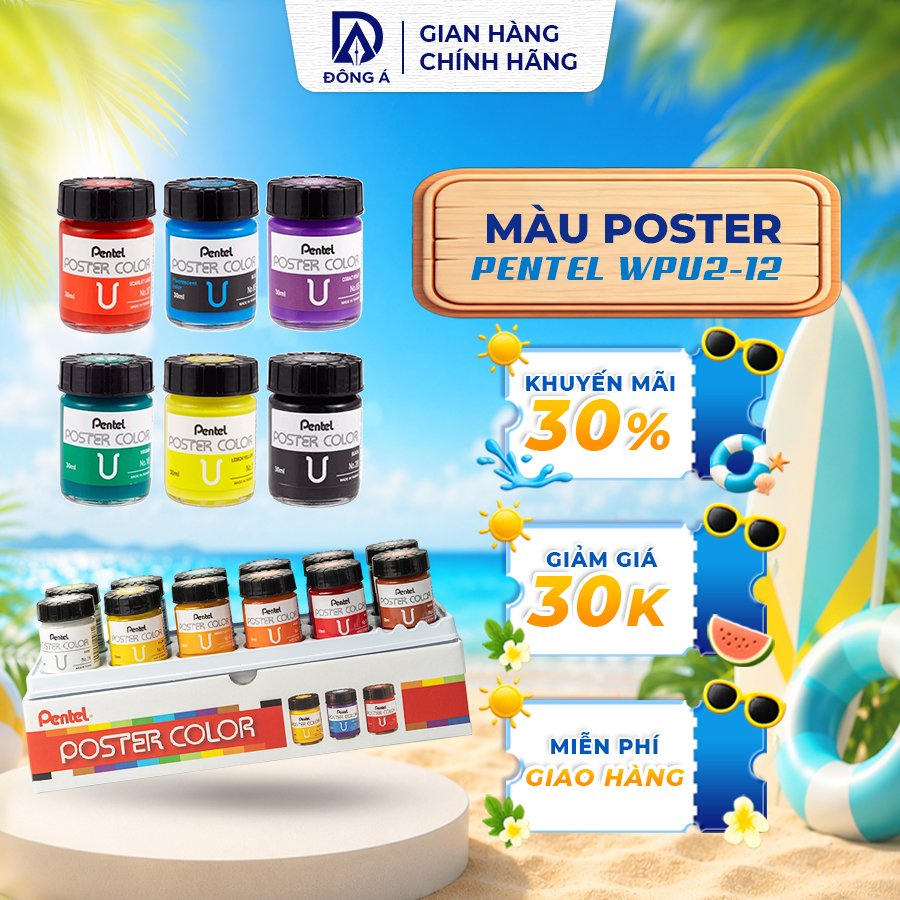 Bộ 12 màu Poster Pentel 30ml màu bột pha sẵn lên màu chuẩn vẽ được trên đa chất liệu