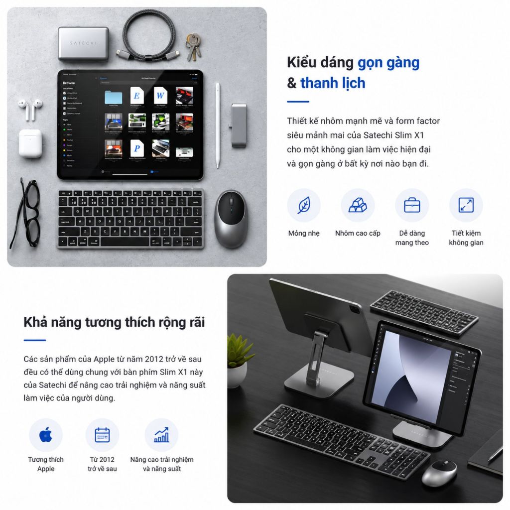 Bàn phím Bluetooth Satechi Slim X1 | Đèn nền | Mini gọn nhẹ | Kết nối 3 thiết bị