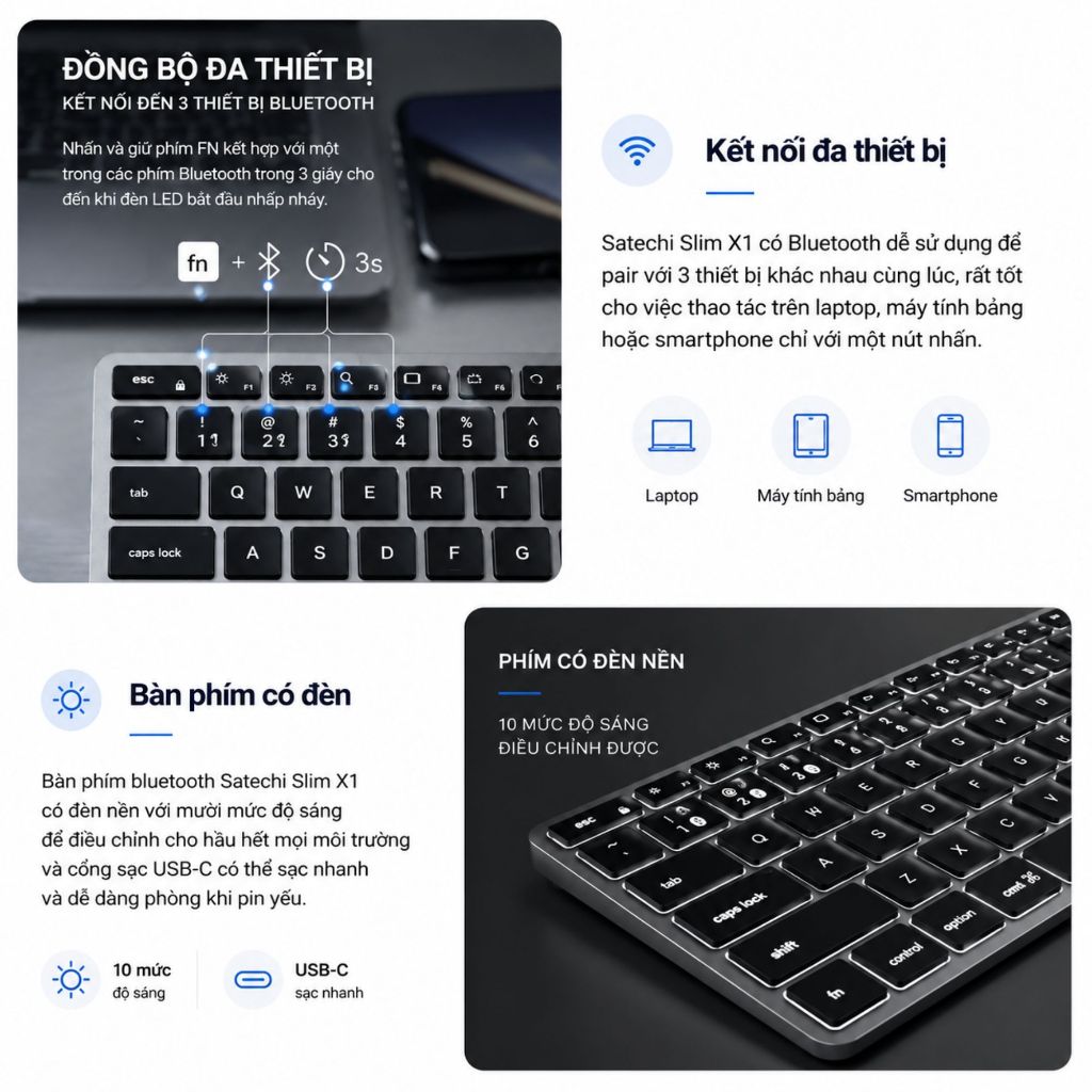 Bàn phím Bluetooth Satechi Slim X1 | Đèn nền | Mini gọn nhẹ | Kết nối 3 thiết bị
