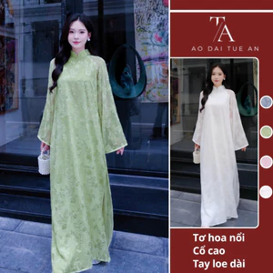Áo Dài Cách Tân Dư Hy Form Suông Vải Tơ Hoa Nổi Tay Loe Dài Nữ Tính, Dịu Dàng