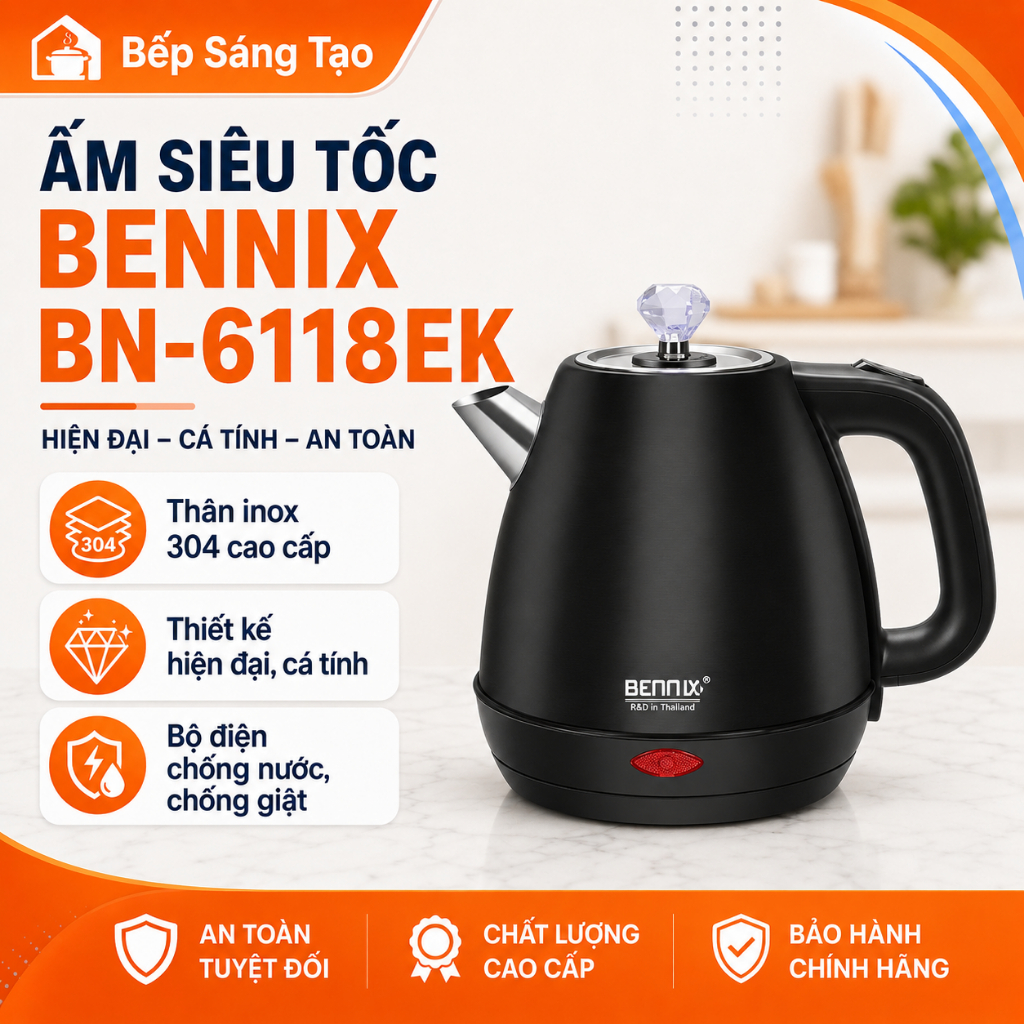 Ấm Siêu Tốc Inox Sơn Màu Bennix BN-6118EK, 1650W, 1,8L, Bảo hành 2 năm