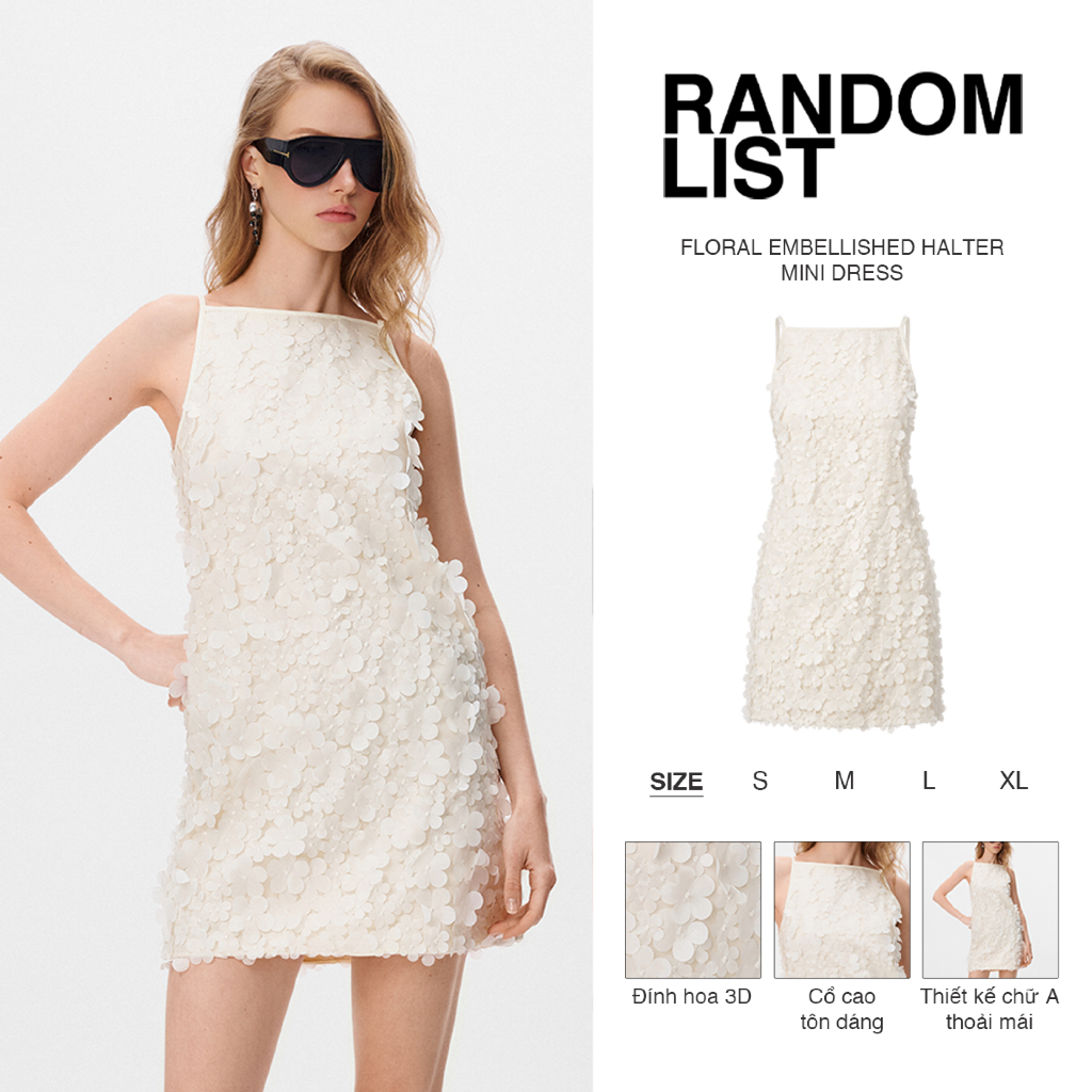 RANDOMLIST - Đầm mini suông sát nách đính hoa 3D nổi sang trọng dự tiệc - Floral Embellished Halter Mini Dress