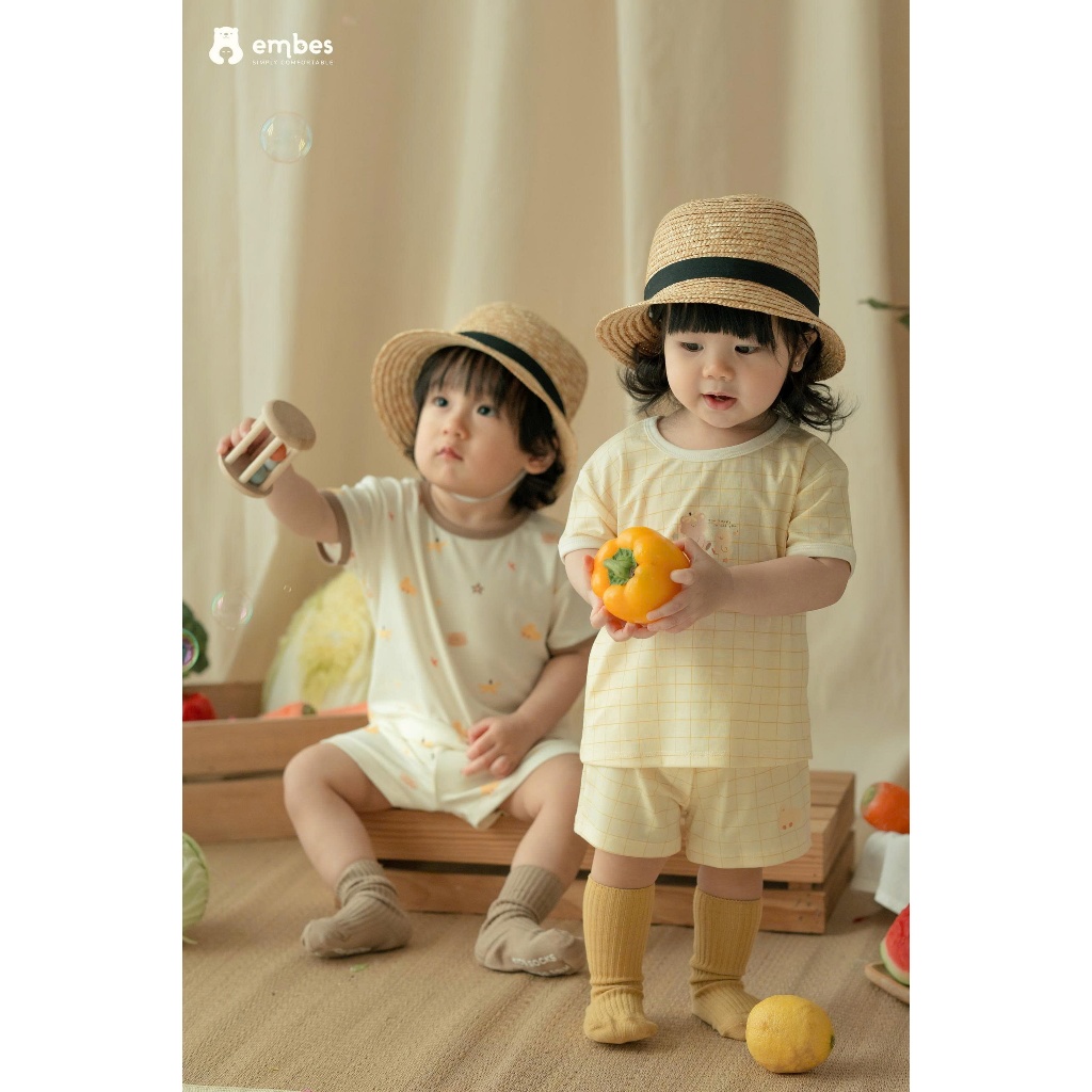 Bộ Cộc Tay Cho Bé Embes, Bộ Cộc Tay In Họa Tiết Chất Cotton Mềm Mát Cho Bé Trai Bé Gái Từ 8-18Kg