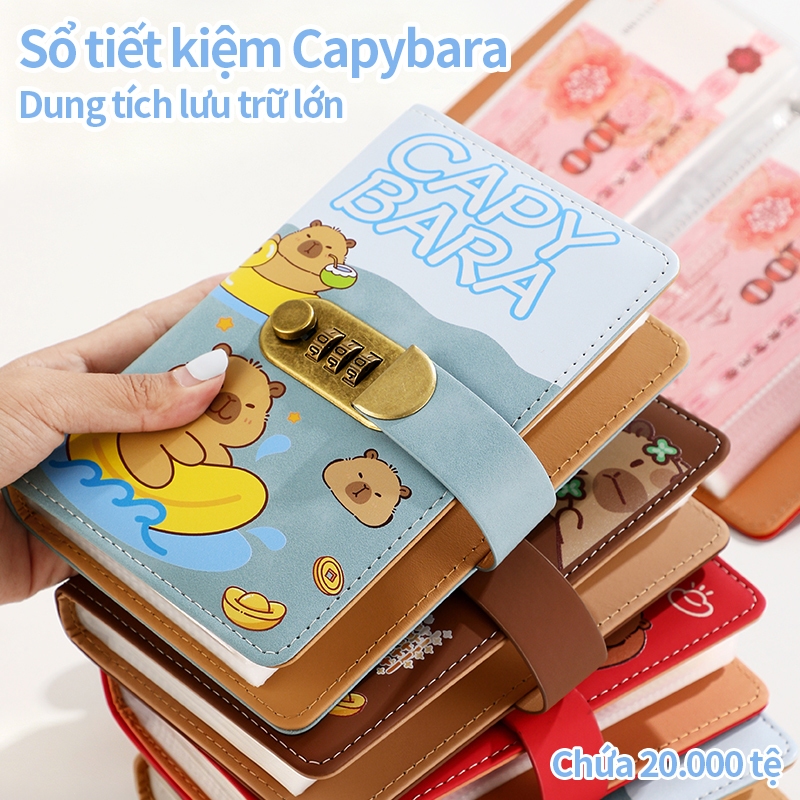Sổ tiết kiệm Capybara Da PU cao cấp có khóa mật 100 trang quản lý chi tiêu cá nhân dễ thương