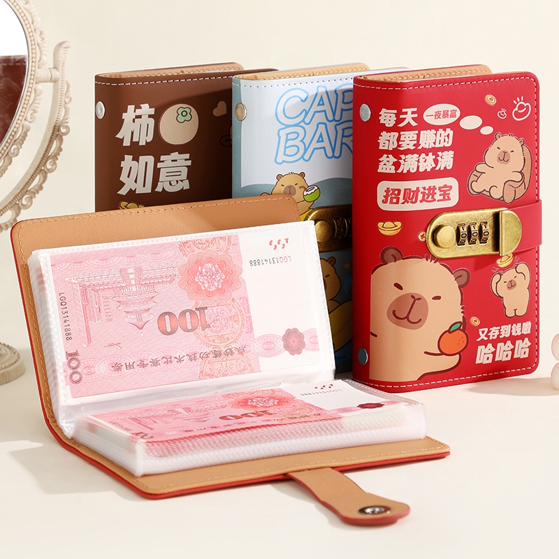 Sổ quản lý thu chi Capybara khóa an toàn 100 túi ngăn Da PU kế hoạch chi tiêu 100 ngày