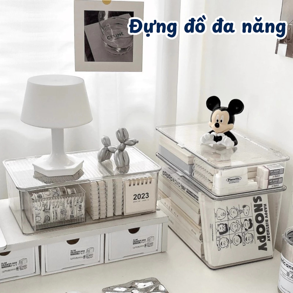 Hộp Nhựa Trong Suốt Đựng Đồ Bàn Làm Việc Có Nắp Đậy Kín HOMIE Hộp Lưu Trữ Đa Năng Xếp Chồng Tiện Lợi