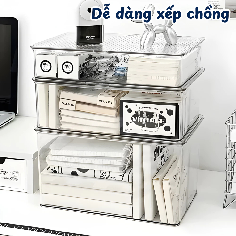 Hộp Nhựa Trong Suốt Đựng Đồ Bàn Làm Việc Có Nắp Đậy Kín HOMIE Hộp Lưu Trữ Đa Năng Xếp Chồng Tiện Lợi