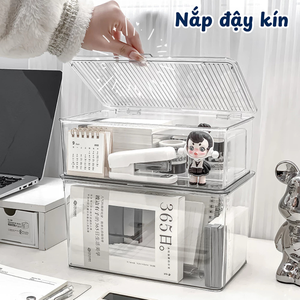 Hộp Nhựa Trong Suốt Đựng Đồ Bàn Làm Việc Có Nắp Đậy Kín HOMIE Hộp Lưu Trữ Đa Năng Xếp Chồng Tiện Lợi