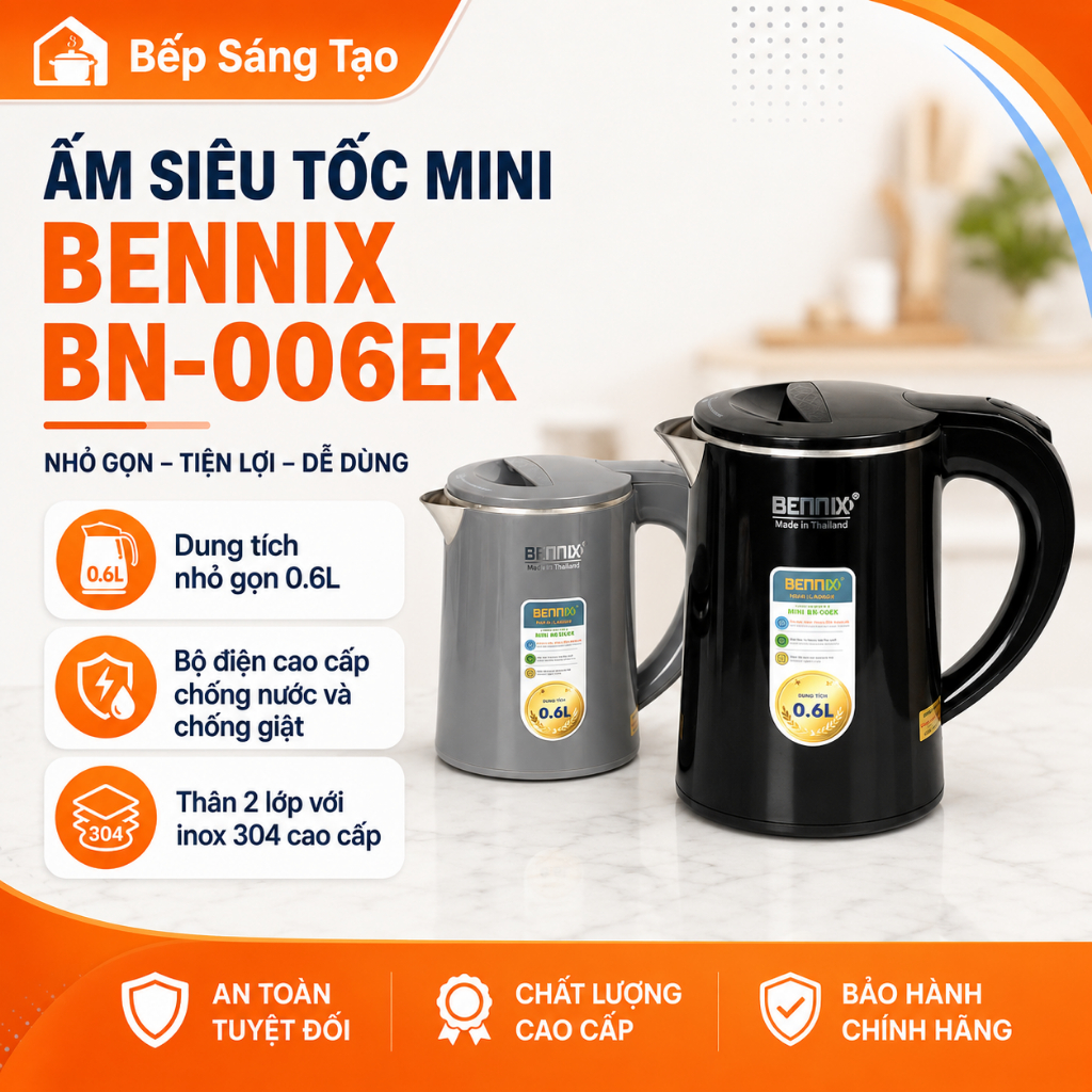 Ấm đun siêu tốc mini 2 lớp BENNIX, inox cao cấp, sôi nhanh (BN-006EK)