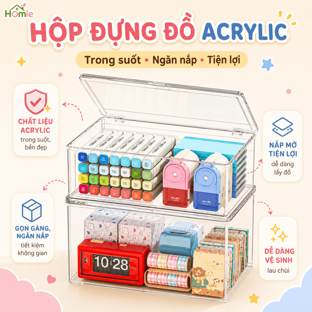 Hộp Nhựa Trong Suốt Đựng Đồ Bàn Làm Việc Có Nắp Đậy Kín HOMIE Hộp Lưu Trữ Đa Năng Xếp Chồng Tiện Lợi