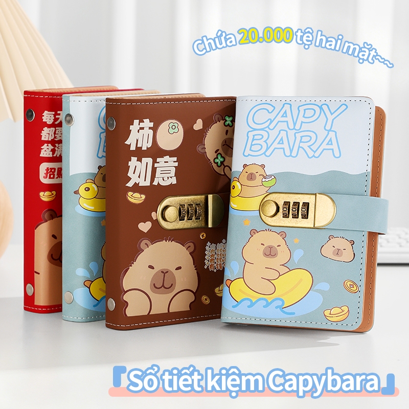 Sổ quản lý thu chi Capybara khóa an toàn 100 túi ngăn Da PU kế hoạch chi tiêu 100 ngày