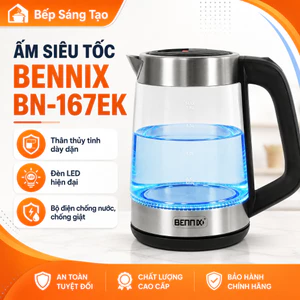 Ấm Siêu Tốc thủy tinh dung tích 1,8 lít, đèn LED viền Bennix BN-167EK, Bảo hành chính hãng