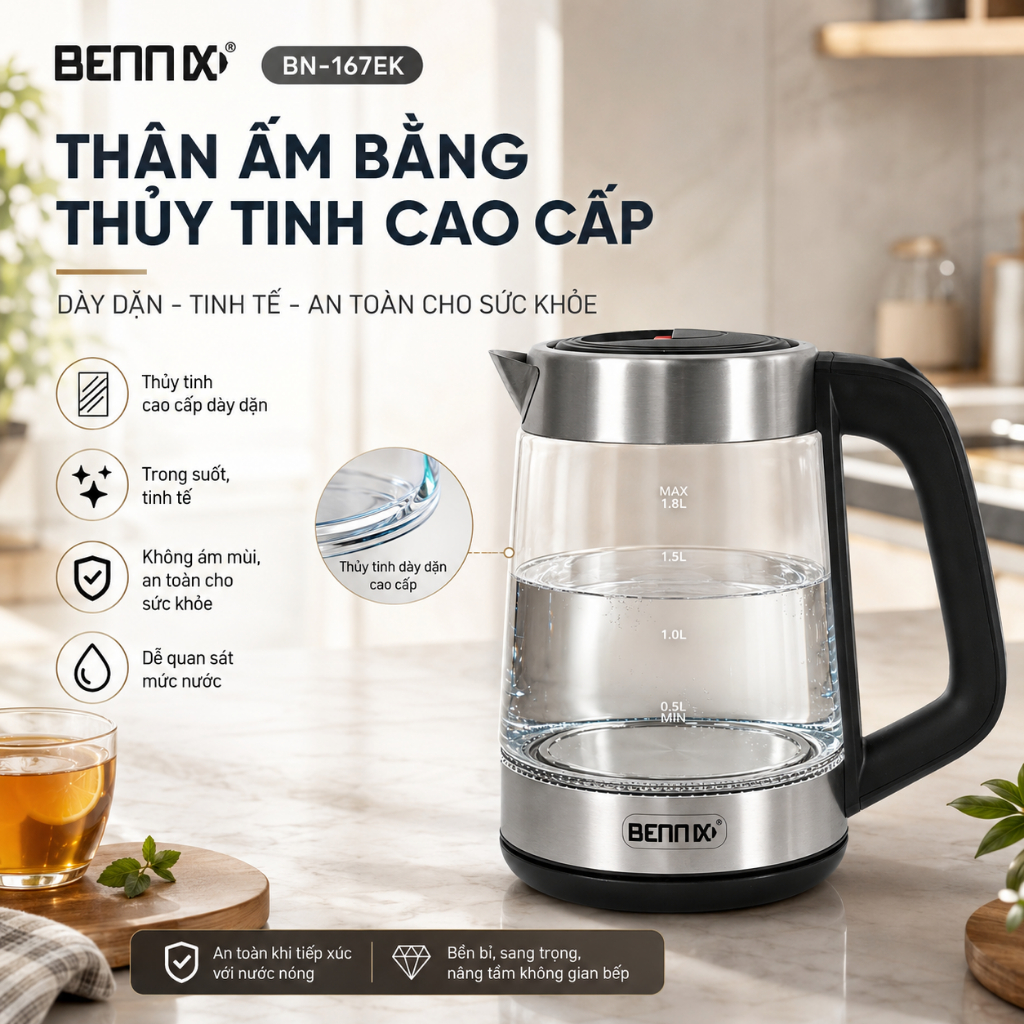 Ấm Siêu Tốc thủy tinh dung tích 1,8 lít,  đèn LED viền Bennix BN-167EK, Bảo hành chính hãng