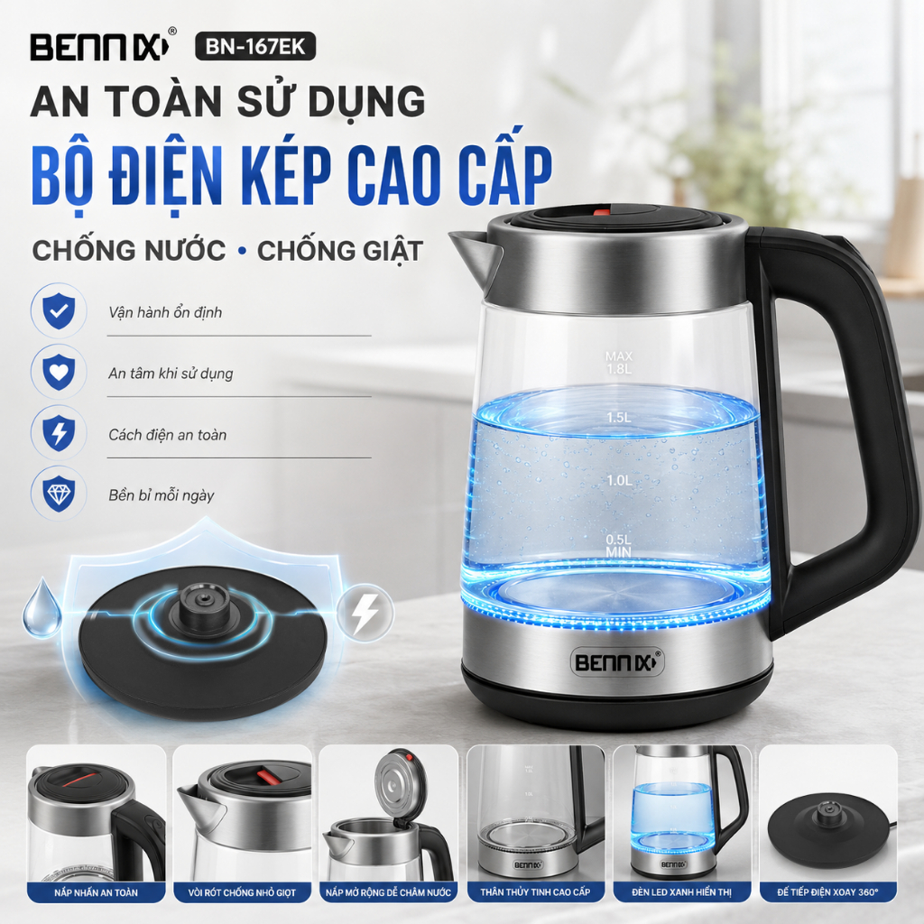 Ấm Siêu Tốc thủy tinh dung tích 1,8 lít,  đèn LED viền Bennix BN-167EK, Bảo hành chính hãng