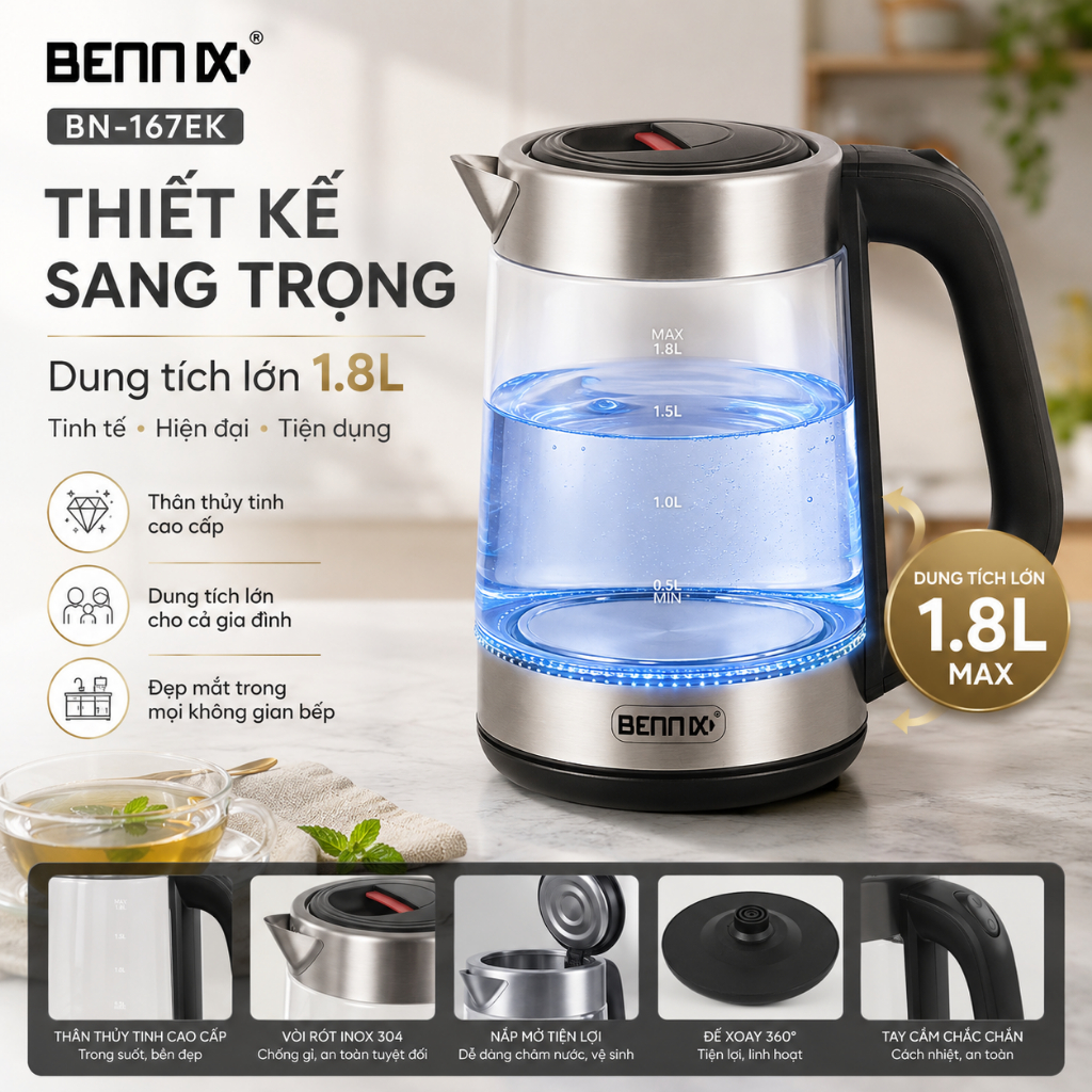 Ấm Siêu Tốc thủy tinh dung tích 1,8 lít,  đèn LED viền Bennix BN-167EK, Bảo hành chính hãng