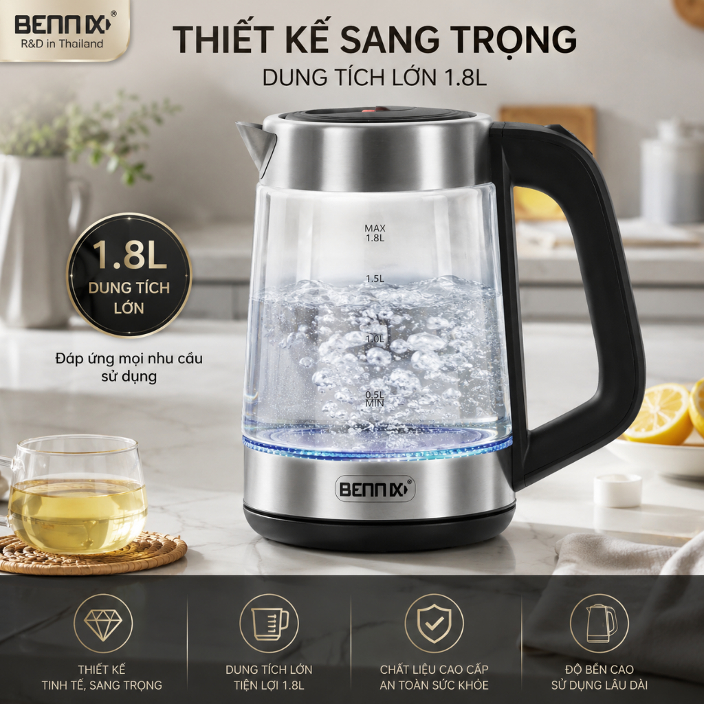 Ấm Siêu Tốc thủy tinh dung tích 1,8 lít,  đèn LED viền Bennix BN-167EK, Bảo hành chính hãng
