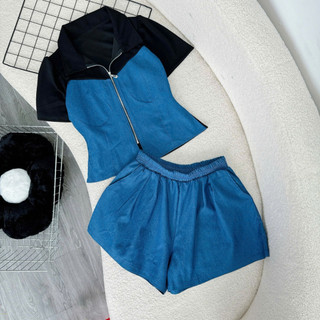 Set Jean Bigsize Nữ Áo Cổ Bẻ Kèm Quần Đùi Ống Rộng Vải Jean Giấy Phối Thun Ruby SET839