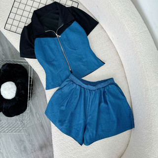 Set Jean Bigsize Nữ Áo Cổ Bẻ Kèm Quần Đùi Ống Rộng Vải Jean Giấy Phối Thun Ruby SET839